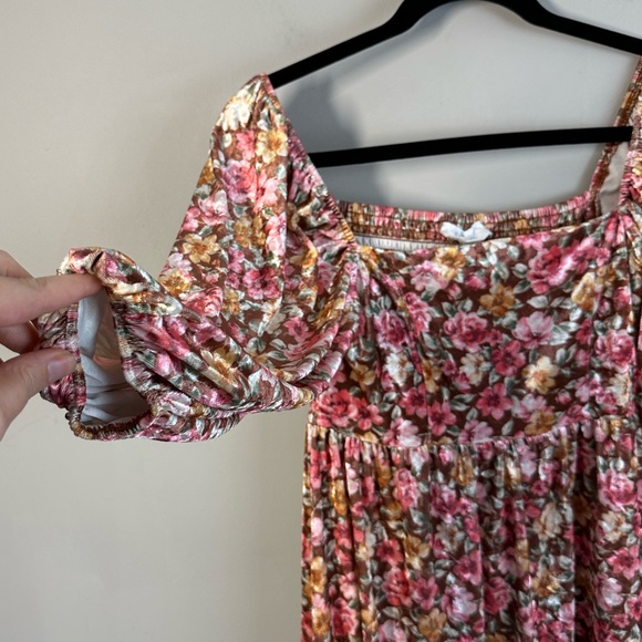 Peach Love Womens Brown Floral Velvet Dress Smocked Fairycore Size S Cottagecore - Picture 6 of 12